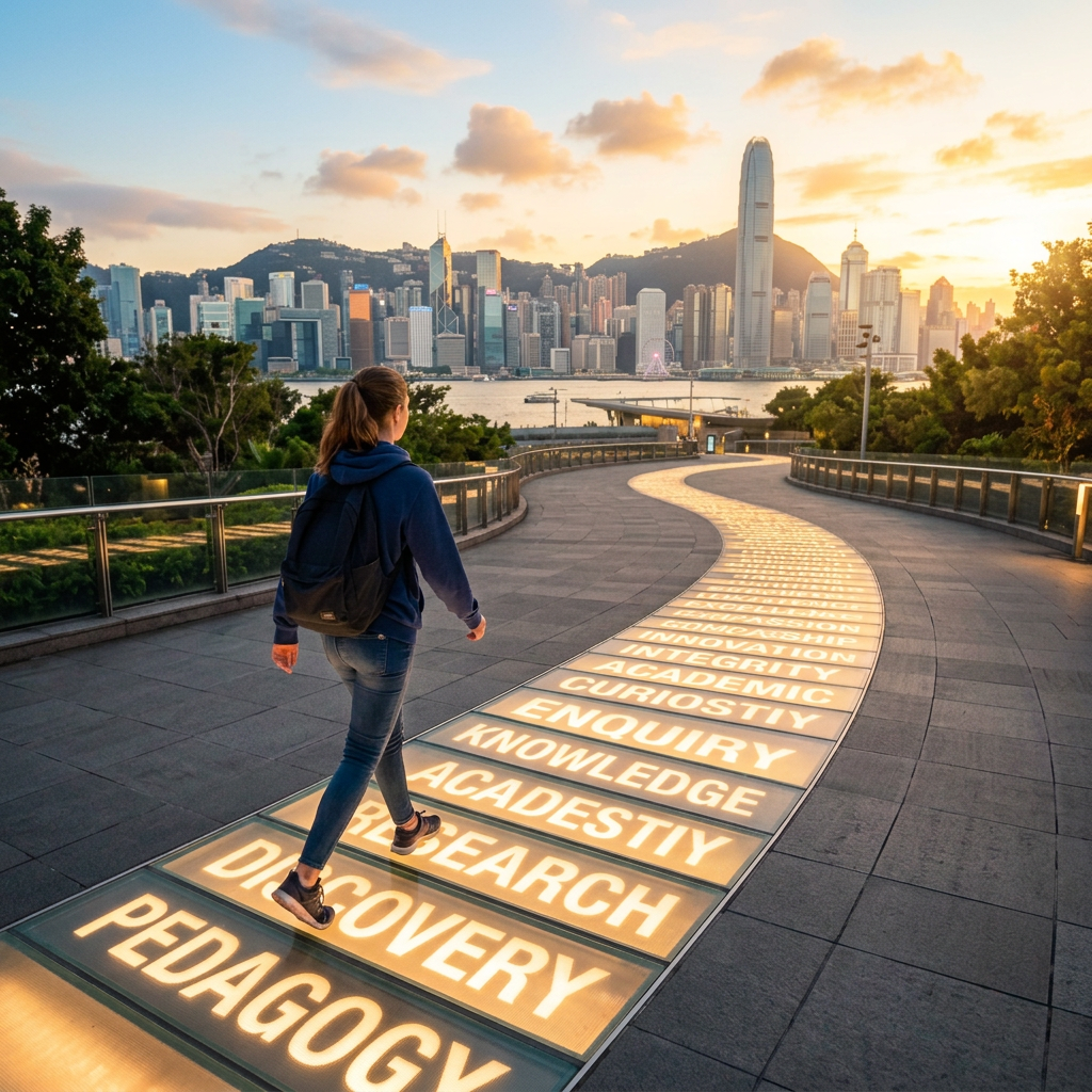 Person walking toward Hong Kong skyline on illuminated path reading BELIEVE, FUTURE, DREAM, JOURNEY, COURAGE, ASPIRATION, AMBITION, POTENTIAL, and FOCUS